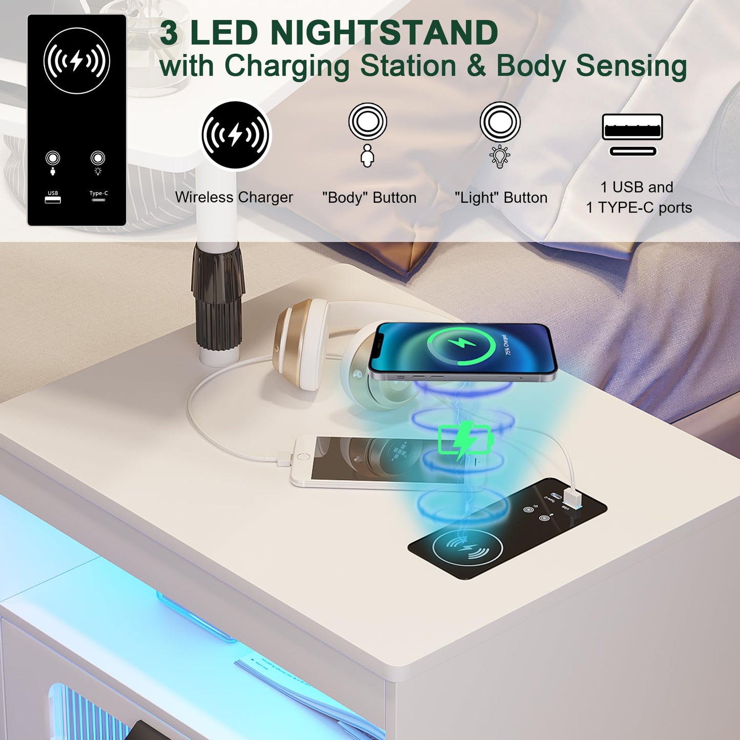 HNEBC Nightstand with Wireless Charging Station, LED Nightstand Has Adjustable Rotary Workstation,Smart Night Stand with 2 Drawers,Modern Bedside Table for Bedroom, Sensor Light/Wheel (White)