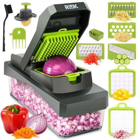 RüK Vegetable Chopper, Cheese Slicer, Food Chopper, Veggie Chopper, Onion Chopper, Salad Chopper, Mandoline Slicer & Cheese Grater, Vegetable Chopper with Container, (10 in 1 - Gray)
