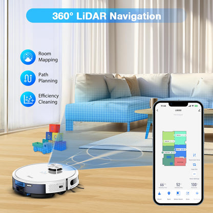 Tikom Robot Vacuum and Mop Combo, LiDAR Navigation, L9000 Robotic Vacuum Cleaner, 4000Pa Suction, 150Mins Max, Smart Mapping, 14 No-go Zones, Ideal for Pet Hair, Carpet, Hard Floor, White